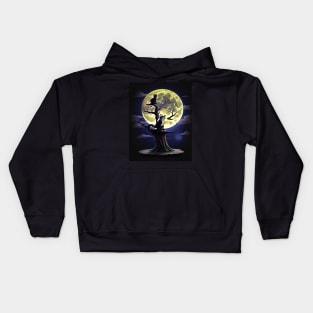 Vintage Black Cat On Scary Tree In Front of the Full Moon Halloween Kids Hoodie